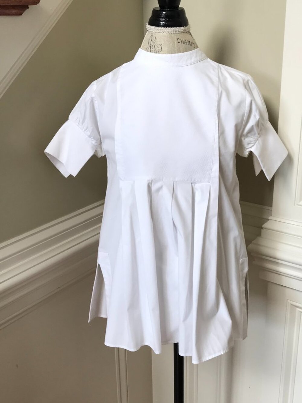 White Story Pleated Blouse Shirt Top Womens 6 Cotton Short Sleeve Mandarin Neck